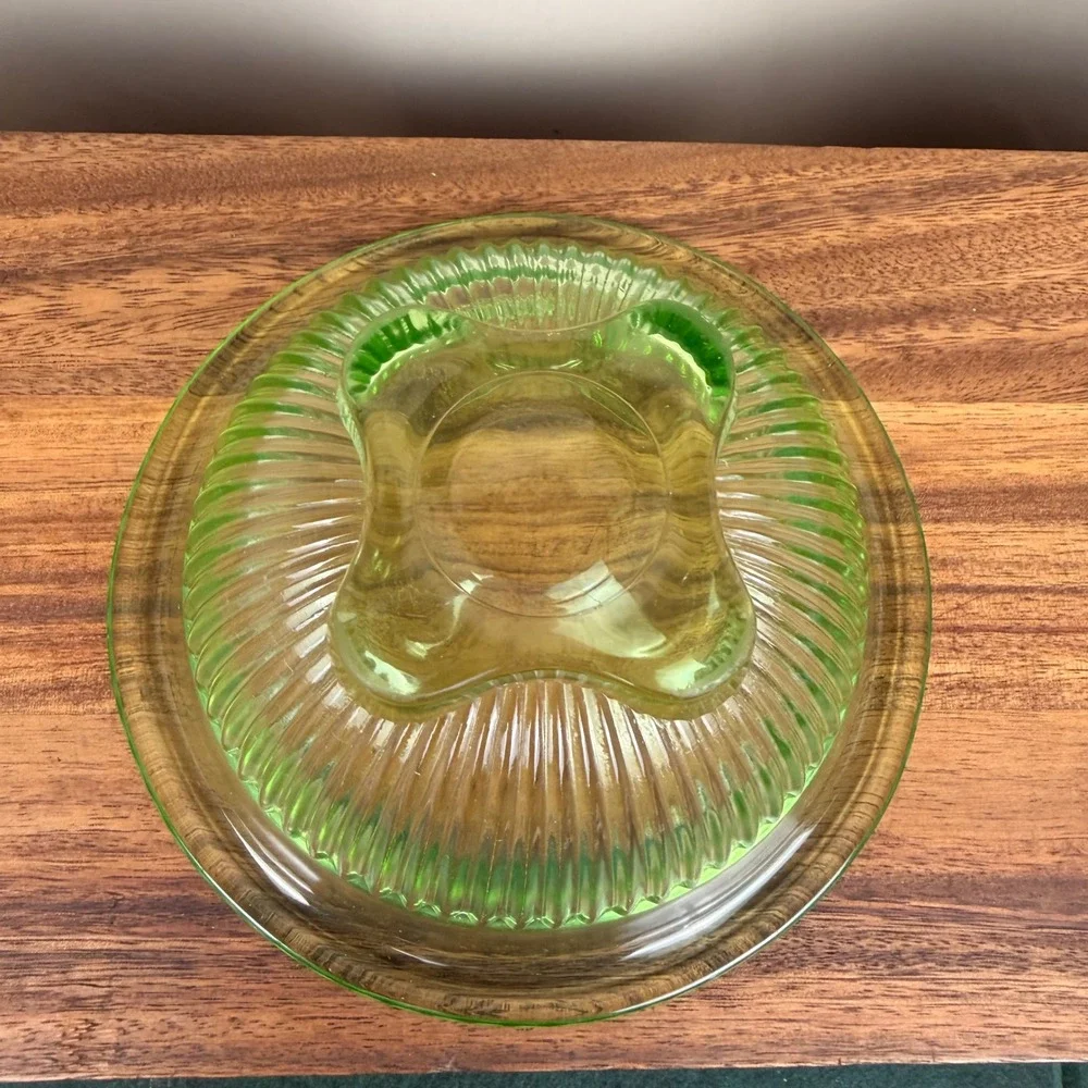 Federal Glass Diana Uranium Glass Bowl Green Ribbed Depression Glass 7 inch